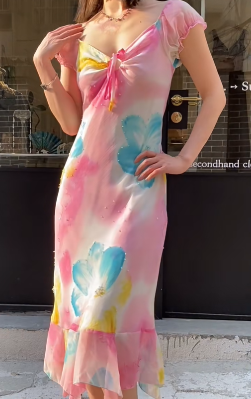 Fashion Prom Dress Chiffion V-neck Pleated Evening Dresses Print Gala Gown Cocktail Outfits       D4968