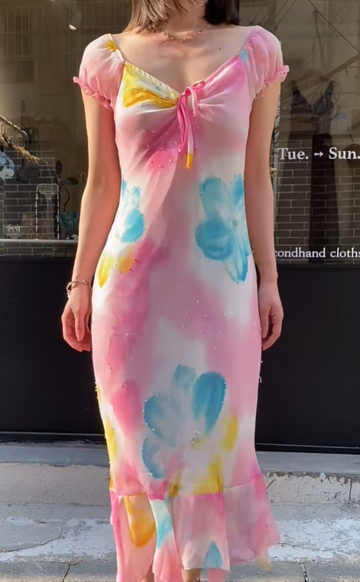 Fashion Prom Dress Chiffion V-neck Pleated Evening Dresses Print Gala Gown Cocktail Outfits       D4968