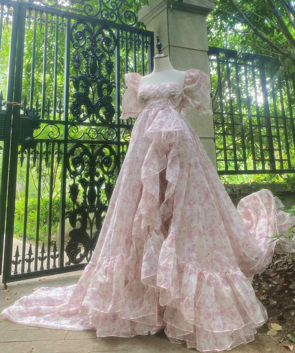 Charming Prom Dress Square Neck Print Pleated Evening Dress Gala Gown Cocktail Outfits       D4978