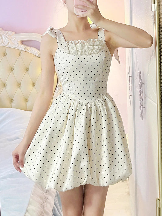 Beauty Homecoming Dress Straps Pleated Polka Dot Short Prom Dress Back to School Outfits Birthday Party Dress  D4989