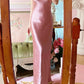 Beauty Prom Dress Pink Satin Crew Neck Evening Dress Long Cocktail Outfits Gala Gown      D4999