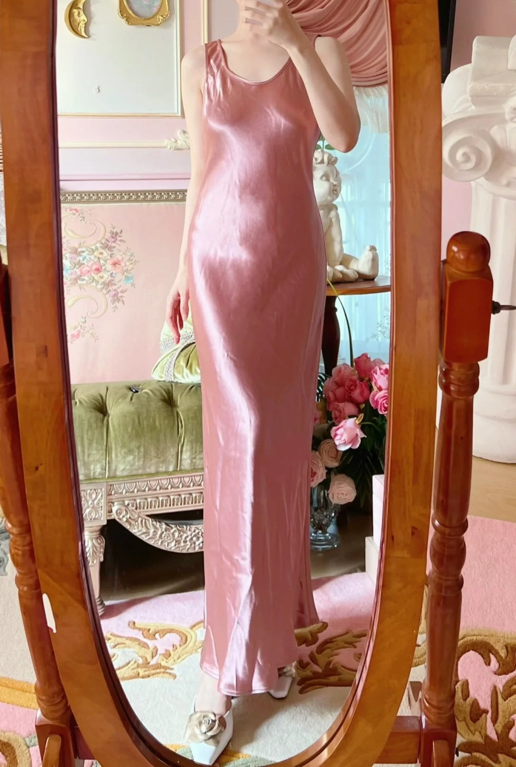 Beauty Prom Dress Pink Satin Crew Neck Evening Dress Long Cocktail Outfits Gala Gown      D4999