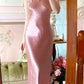 Beauty Prom Dress Pink Satin Crew Neck Evening Dress Long Cocktail Outfits Gala Gown      D4999