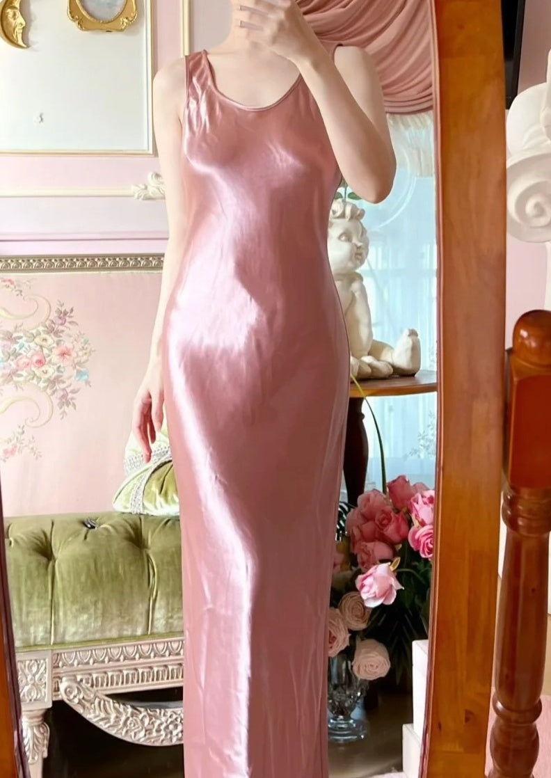 Beauty Prom Dress Pink Satin Crew Neck Evening Dress Long Cocktail Outfits Gala Gown      D4999