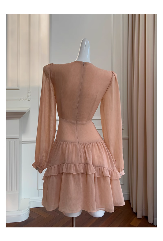 Retro Beading Design A-line Chiffon Long- sleeved V-neck Party Dresses Homecoming Dresses, D1352