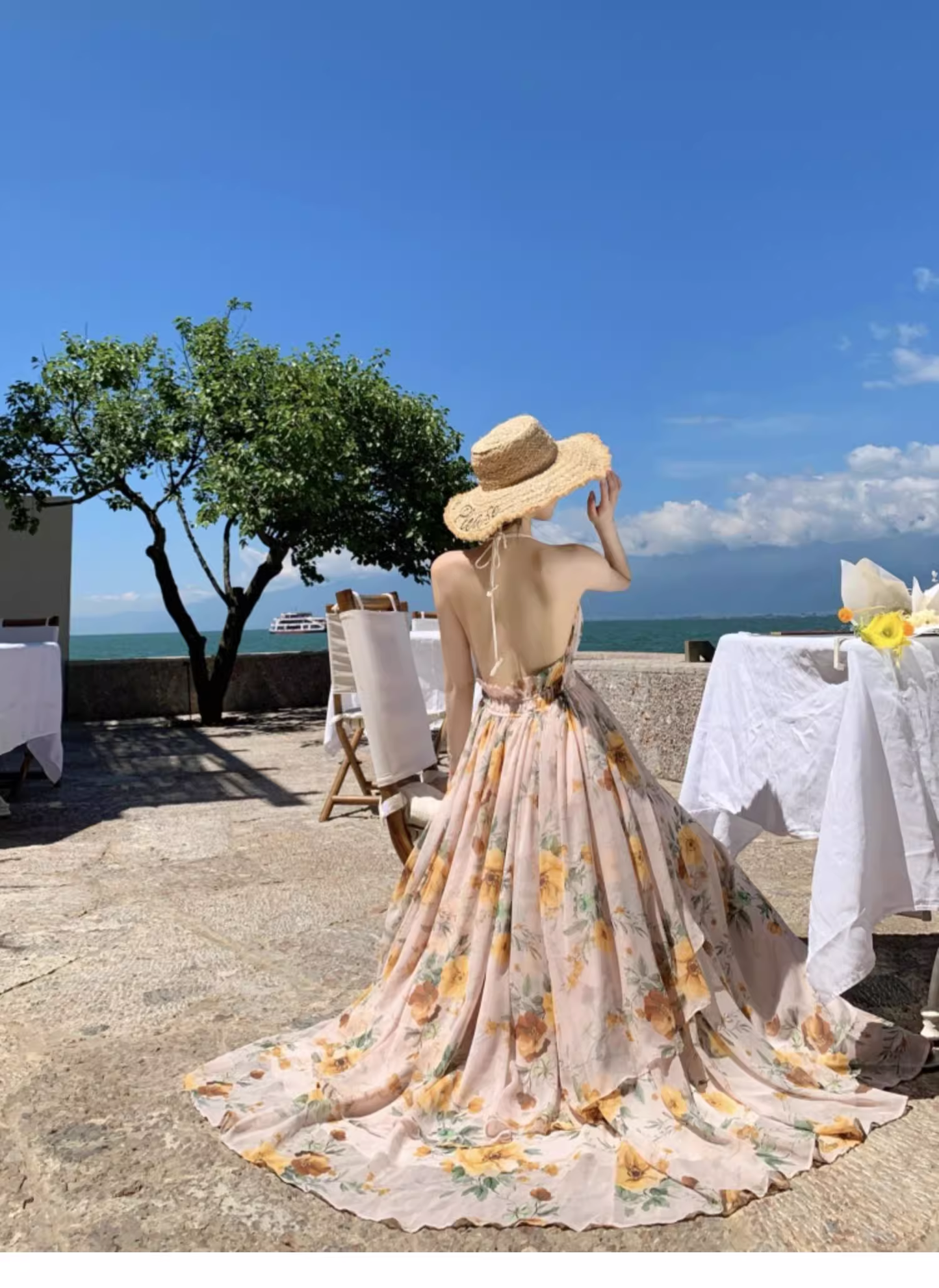 New Fashion Floral V-neck Design Elegant Beach Holiday A-line Sleeveless Halter Dress Summer Dress, D1723