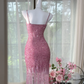 Vintage Pink Sparkling Sequin Spaghetti Strap Tassels Hem Romantic Evening Dress Prom Dresses D1606