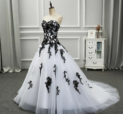 Strapless Beautiful White and Black Long Prom Dress Ball Gown Wedding Dress MD7176