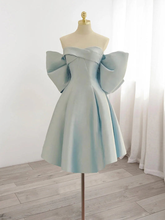 Vintage Light Blue Sweetheart Strapless Bow Design A-line Satin Party Dress Homecoming Dress D1538