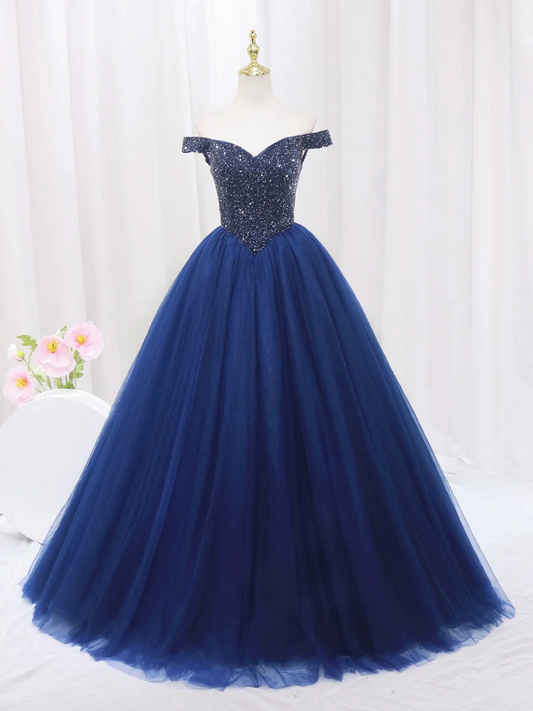 Blue Tulle Beaded Long Prom Dress, Off the Shoulder Evening Party Dress MD7198