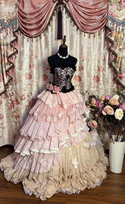 Pink Strapless A-Line Lace Tiered Princess Ball Gowns Formal Evening Gowns, D1117