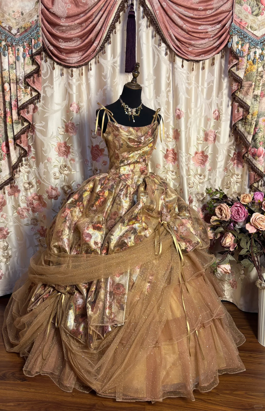 Retro Straps A-Line Printed Tulle Long Formal Evening Gown Birthday Ball Gown, D838