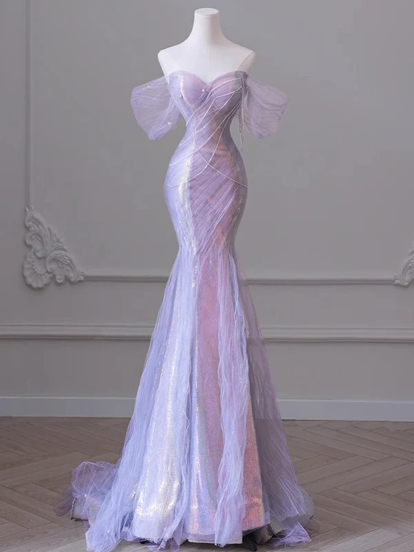 Light Purple Off Shoulder Mermaid Tulle Long Prom Dress Party Gown MD7371