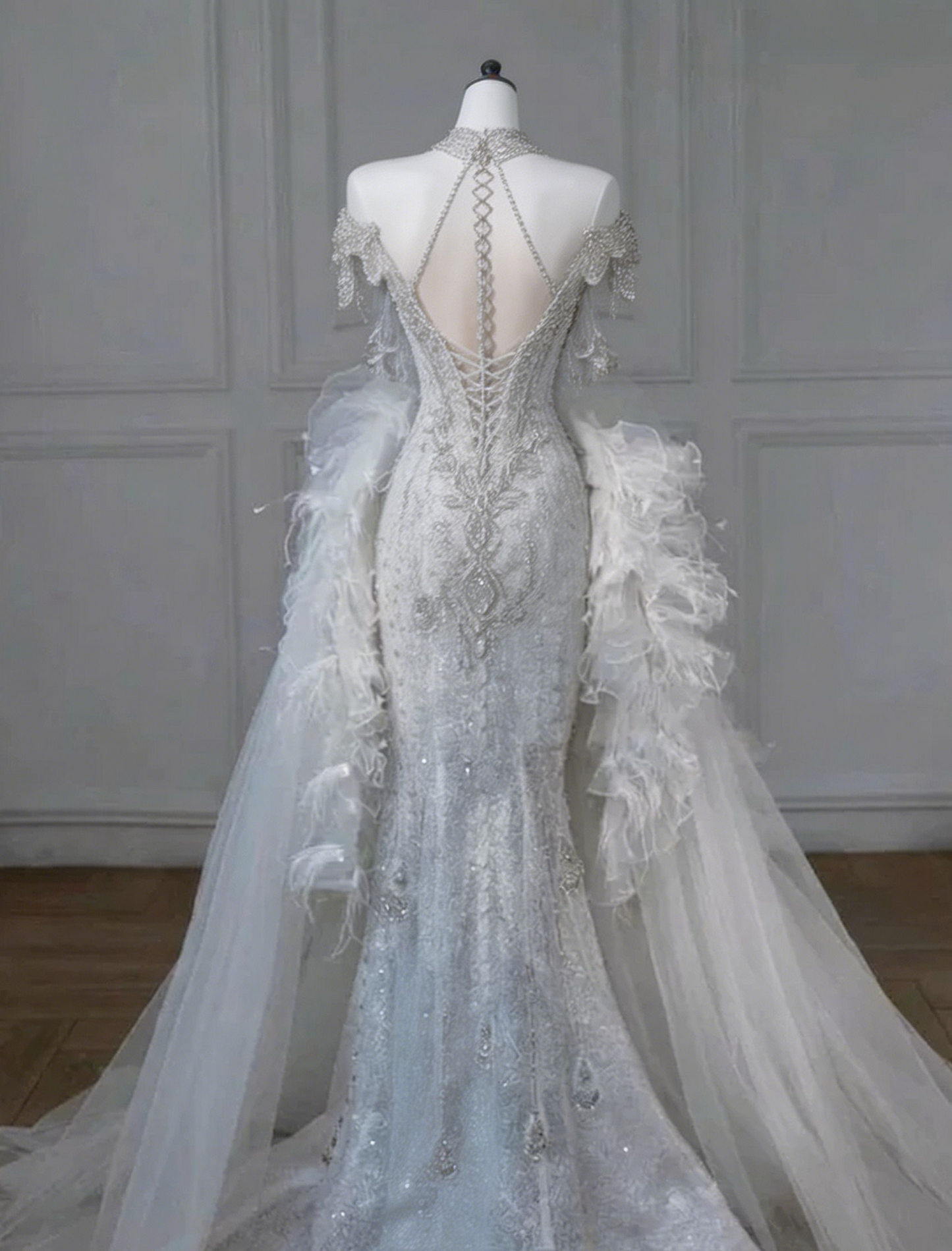 Superbe robe de soirée sirène longue en tulle perlé, robe de mariée, D238