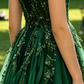 Green Straps A-Line V Neck Tulle Appliques Long Party Dress Formal Evening Gown, D426