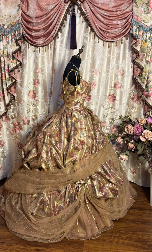 Retro Straps A-Line Printed Tulle Long Formal Evening Gown Birthday Ball Gown, D838