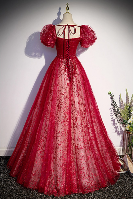 Dreamy Burgundy A-Line Tulle Long Prom Dress Graduation Dress MD7307