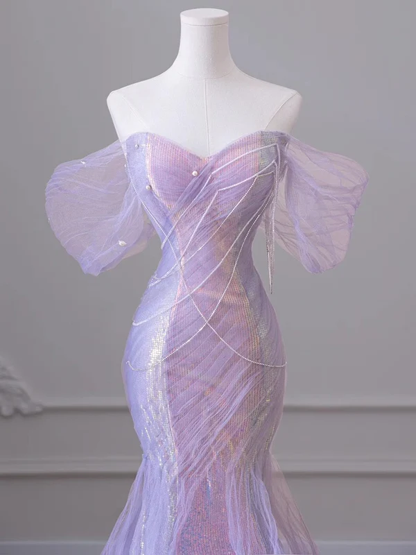 Light Purple Off Shoulder Mermaid Tulle Long Prom Dress Party Gown MD7371