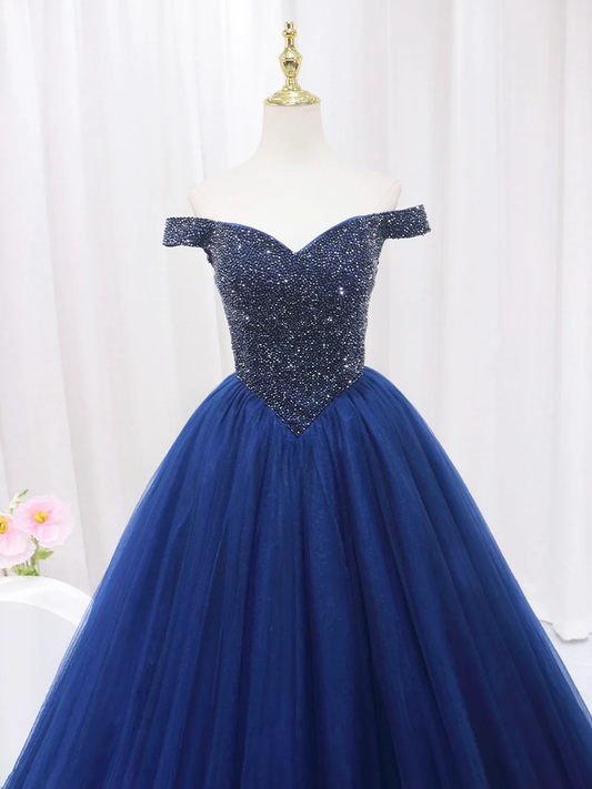 Blue Tulle Beaded Long Prom Dress, Off the Shoulder Evening Party Dress MD7198