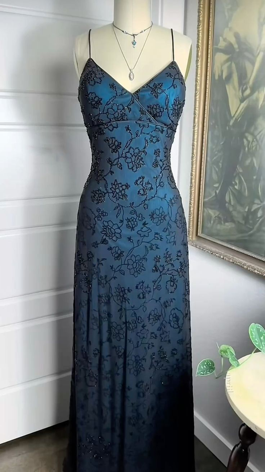 Spaghetti Straps V Neck Beading Sheath Long Prom Dress Evening Party Dress, D740