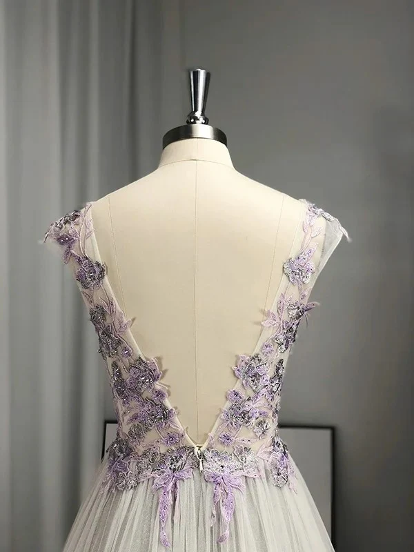 Charming V Neck Backless A-Line Flowers Appliques Formal Party Dress MD7189