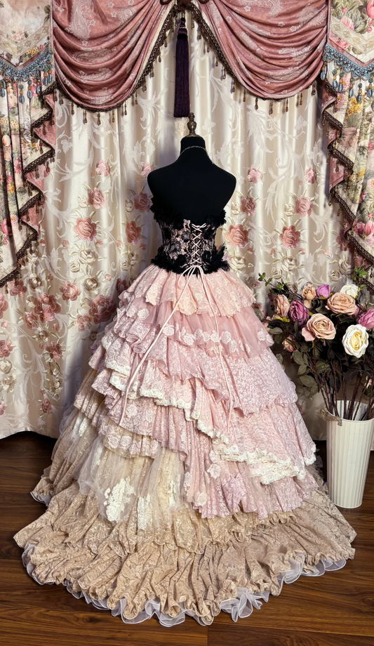 Pink Strapless A-Line Lace Tiered Princess Ball Gowns Formal Evening Gowns, D1117