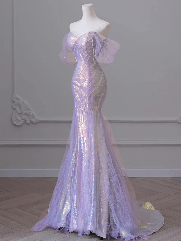 Light Purple Off Shoulder Mermaid Tulle Long Prom Dress Party Gown MD7371