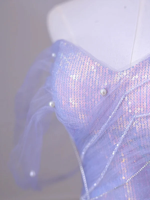 Light Purple Off Shoulder Mermaid Tulle Long Prom Dress Party Gown MD7371