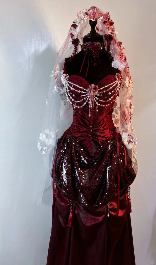 Gothic Burgundy Straps A-Line Sequins Vintage Long Evening Party Dress, D922
