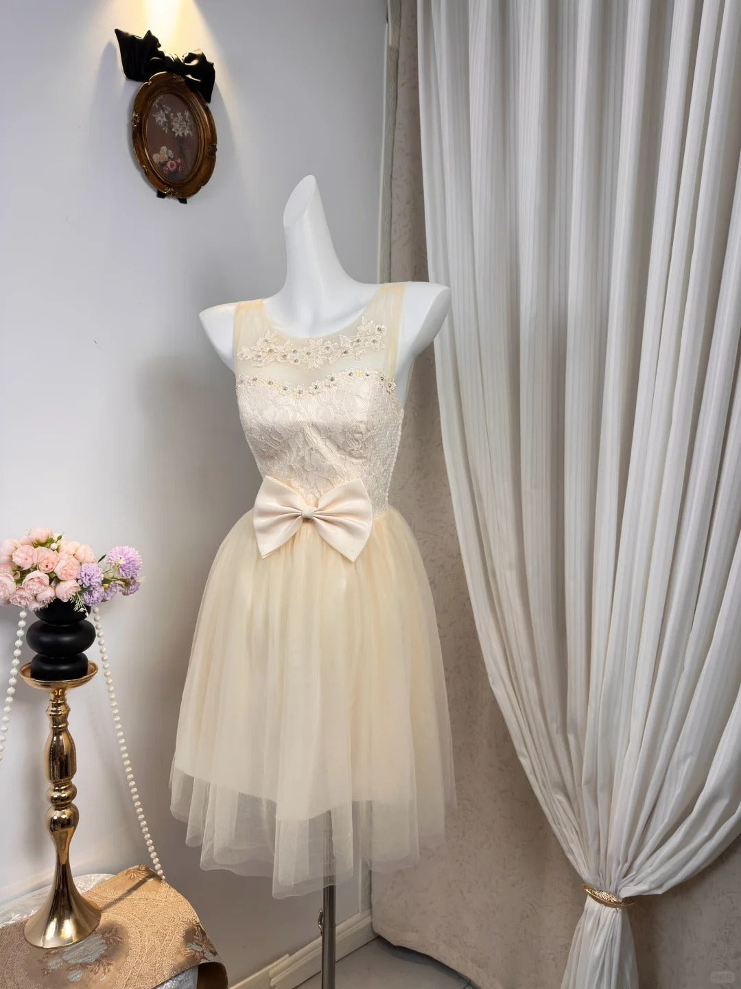 New Homecoming Dress Sheer Sharp Tulle Bowknot Rinestone Back to School Outfits Party Dress D6912