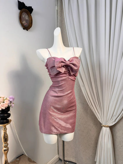New Homecoming Dress Spaghetti Strap Bowknot Sequins Pleated Back to School Outfits Party Dress D6902