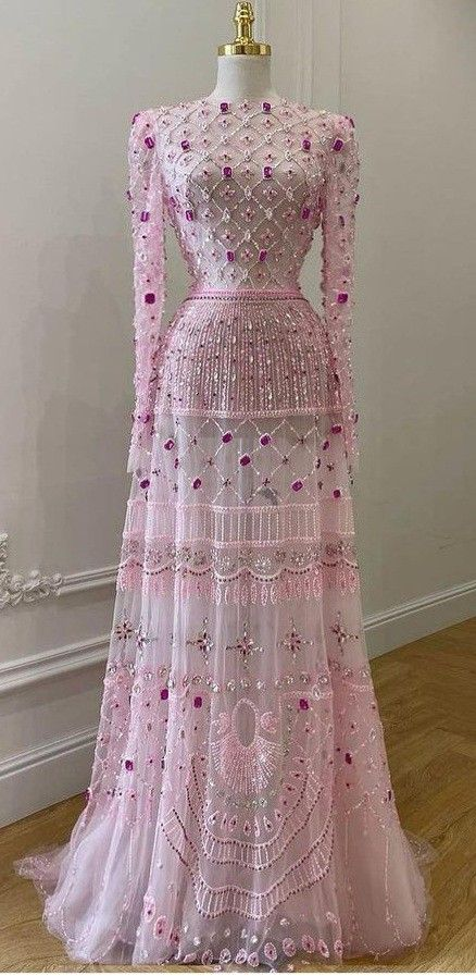 Gorgeous Pink Long Sleeves A-Line Beading Long Evening Dress Prom Gowns, D914