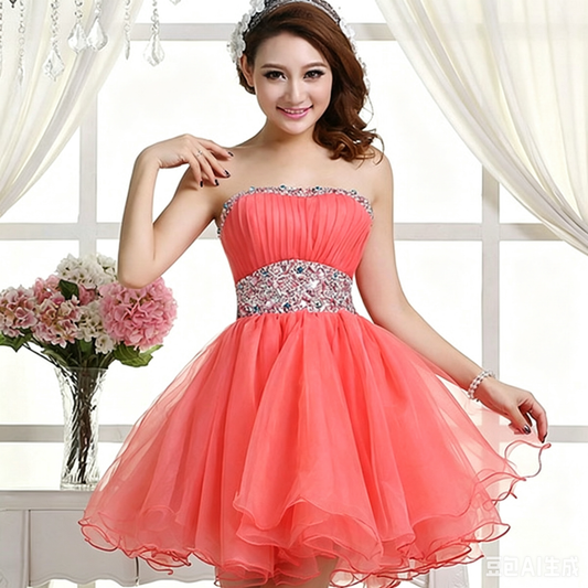 Unique Homecoming Dress Strapless Sequins Rinestone Back to School Outfits Party Dress D7626
