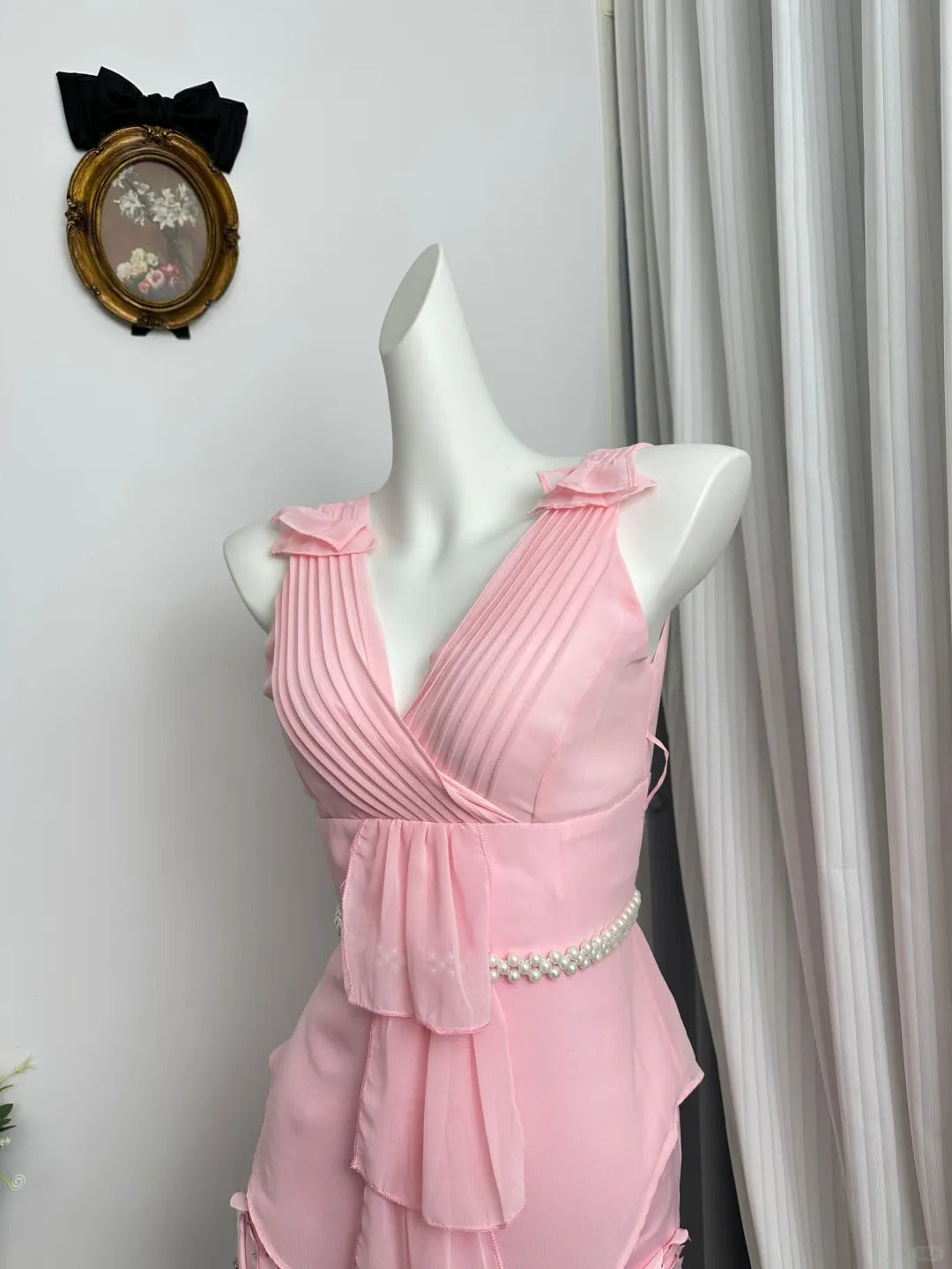 New Homecoming Dress V Neck Pearl Pleated Flower Back to School Outfits Party Dress D6944