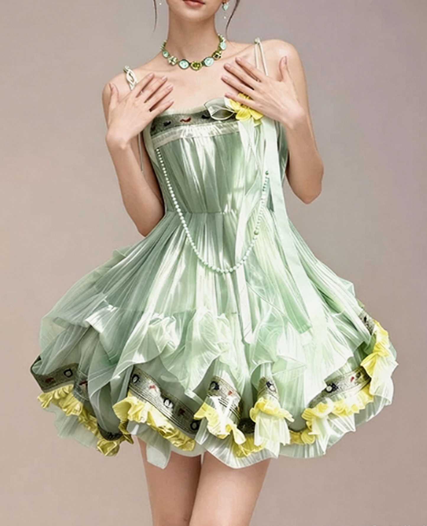 Charming Homecoming Dress Spaghetti Strap Flower Bowknot Pearl Flouncing Cascade Back to School Outfits Party Dress  D7375