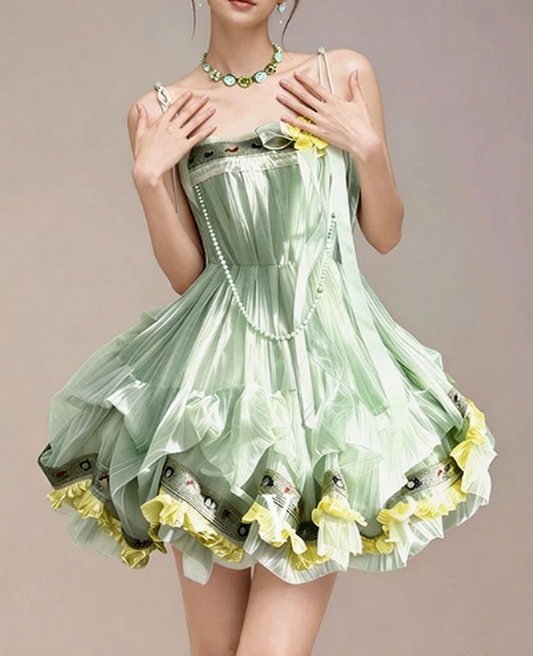 Charming Homecoming Dress Spaghetti Strap Flower Bowknot Pearl Flouncing Cascade Back to School Outfits Party Dress  D7375