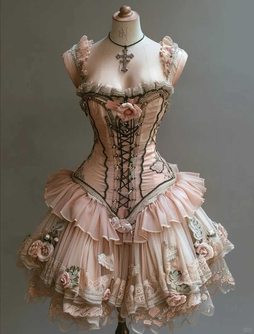 Retro 3D Floral Design Lolita Princess Dress A-line Beaded Chiffon Tiered Party Dress Homecoming Dress D1567