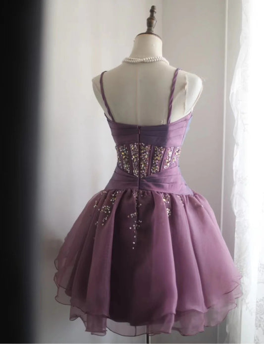 Retro Purple Beading Design A-line Tulle Spaghetti Strap Party Dresses Homecoming Dresses, D1350
