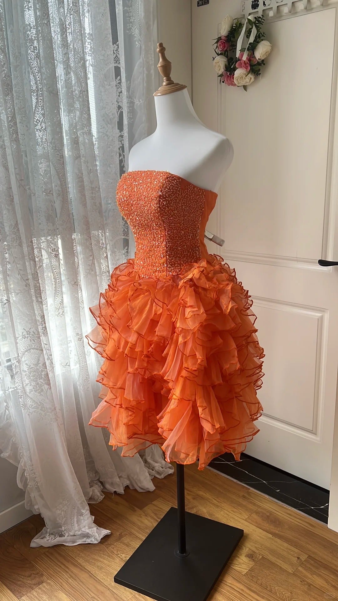 Pretty Homecoming Dress Strapless Tulle Cascade Beaded Back to School Outfits Party Dress  D6457