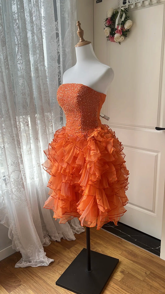 Pretty Homecoming Dress Strapless Tulle Cascade Beaded Back to School Outfits Party Dress  D6457