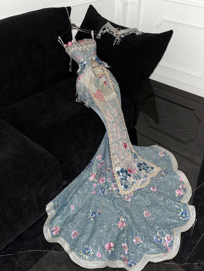 Chic Spaghetti Strap Embroidery Sequins Hugging Mermaid Flower Rinestone Long Party Dress Prom Gown Evening Dress D7490