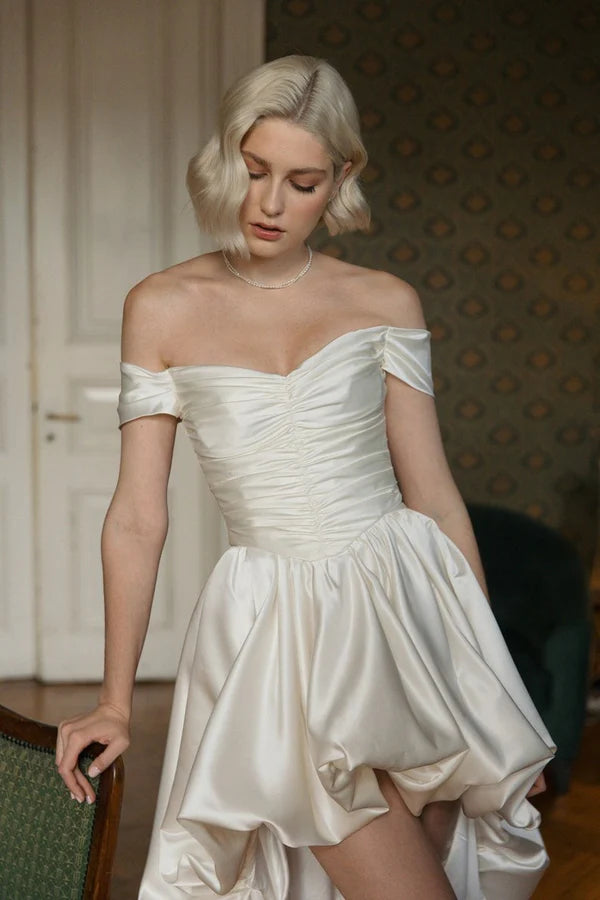 Elegant Wedding Dress White Off the Shoulder Pleated Hi-Lo Wedding Dress Prom Dress D7230