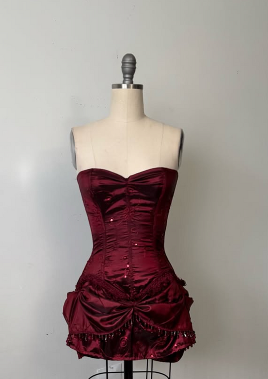 Burgundy Strapless Sheath Satin Lace-up Short Party Dresses Homecoming Dresses, D1323
