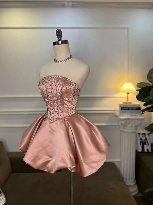 Beautiful Homecoming Dress Strapless Pleated Beaded Back to School Outfits Party Dress D7240