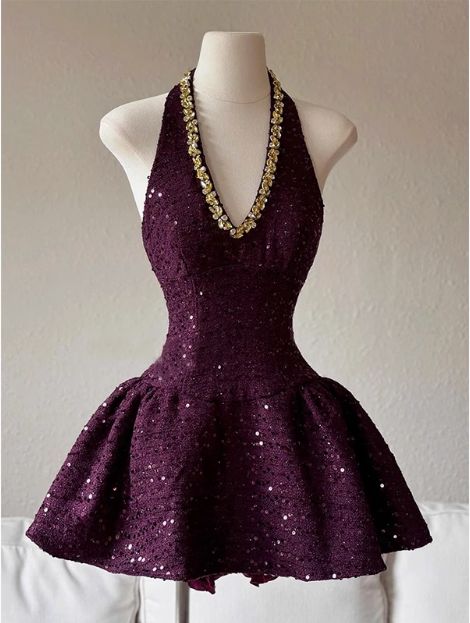Beautiful Homecoming Dress Halter Rinestone Sequins Pleated Back to School Outfits Party Dress D7159