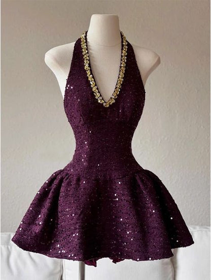 Beautiful Homecoming Dress Halter Rinestone Sequins Pleated Back to School Outfits Party Dress D7159