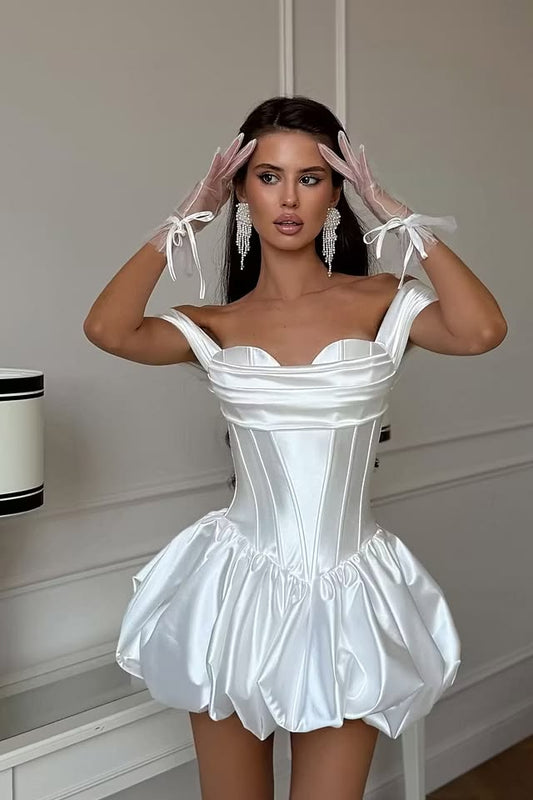 Unique Homecoming Dress Off the Shoulder Pleated Back to School Outfits Party Dress Wedding Dress D7750
