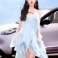 New Fashion Light Blue 3D Flower Spaghetti Strap Irregular Hem Design Summer Party Dress, D1444