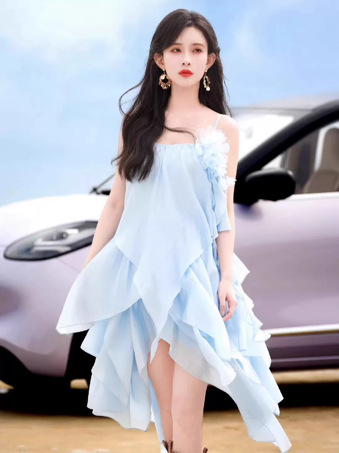 New Fashion Light Blue 3D Flower Spaghetti Strap Irregular Hem Design Summer Party Dress, D1444