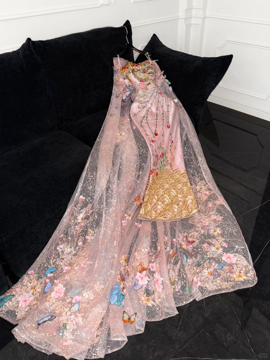 Sparkling Pink Beaded Sequined Design Elegant Mermaid Prom Dress Evening Dress D1694